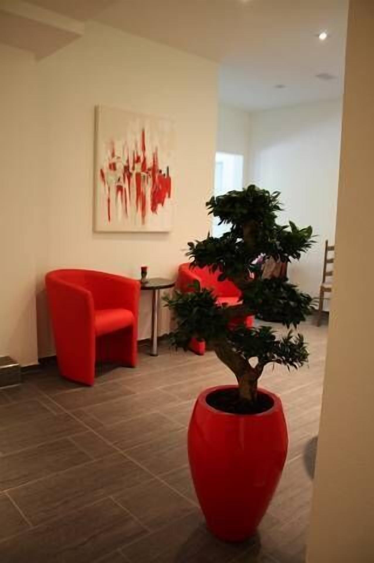 Een modern interieur met een rode stoel, een rode potplant en een rode bank.