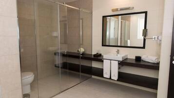 Un baño moderno con cabina de ducha de vidrio, un lavamanos con espejo y un inodoro.
