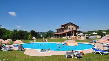 Seasonal outdoor pool, pool umbrellas, pool loungers