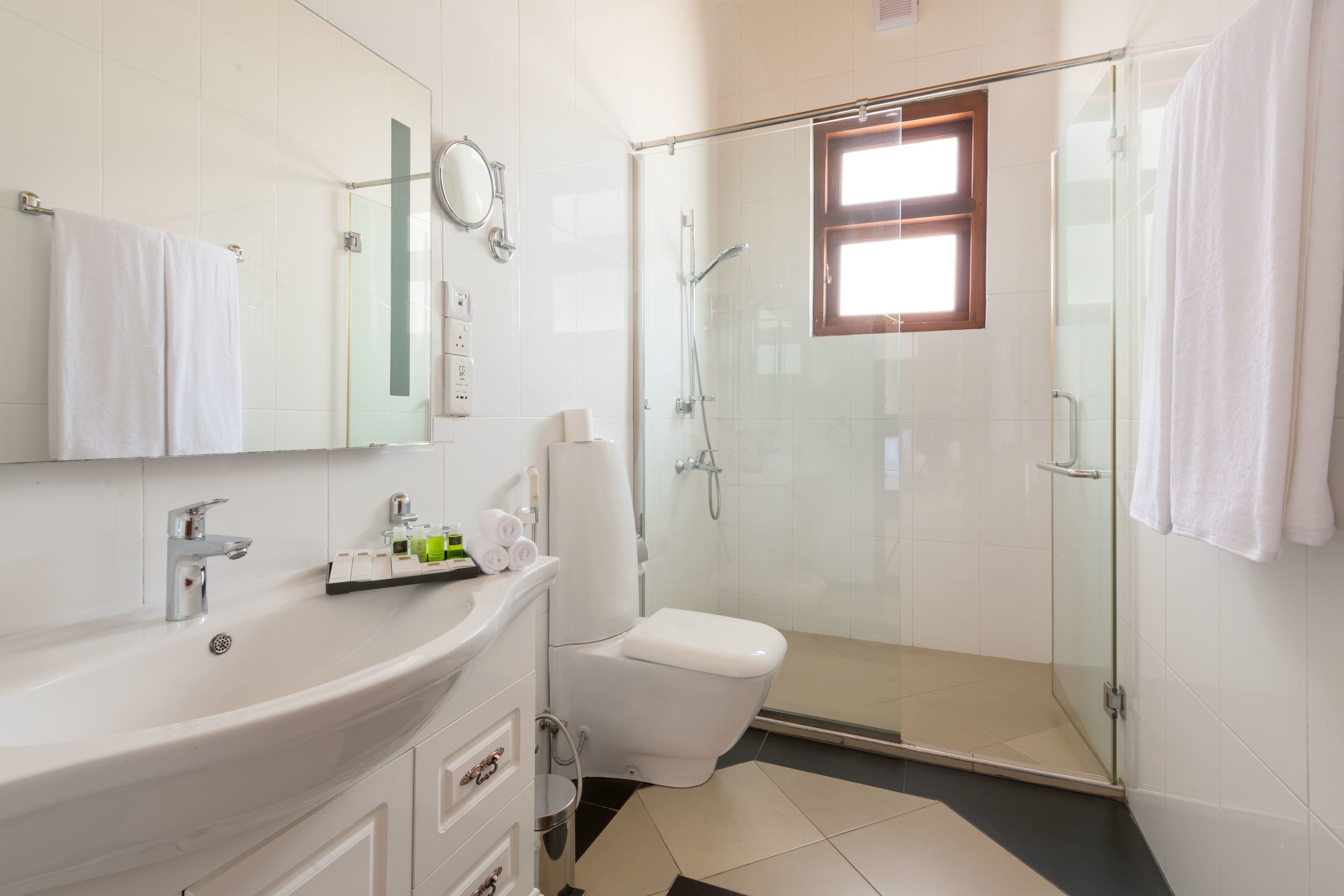 A modern bathroom with a glass-enclosed shower, a white sink, and a toilet.