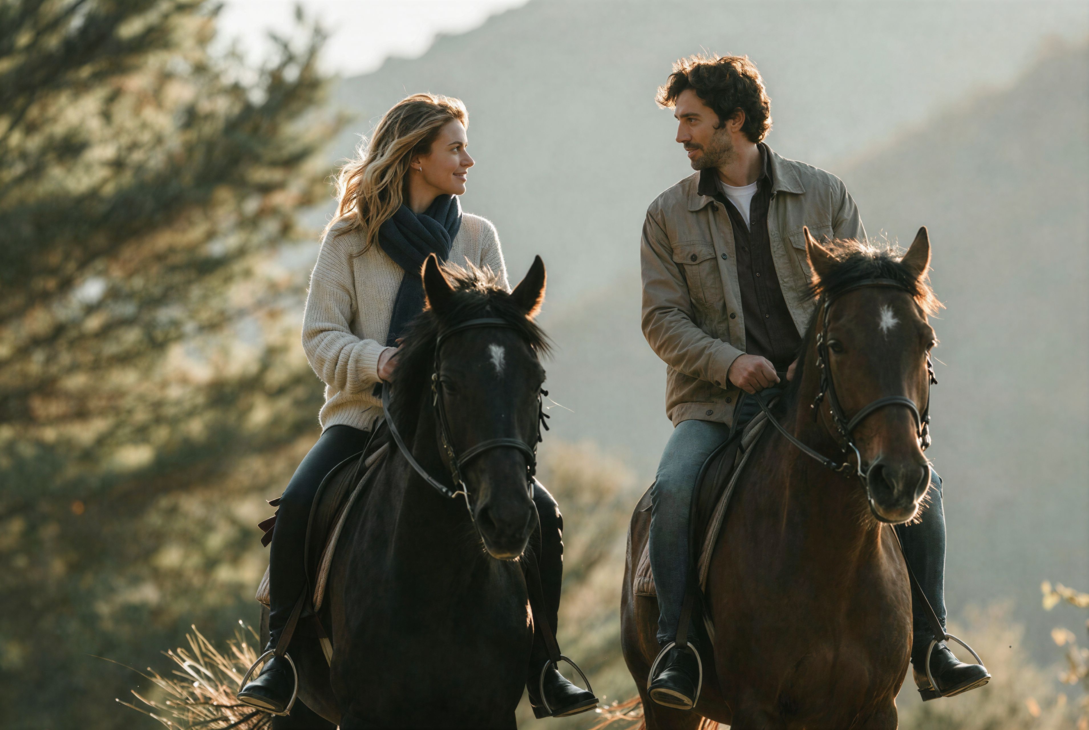 Two people riding horses in a natural setting with trees and mountains in the background.