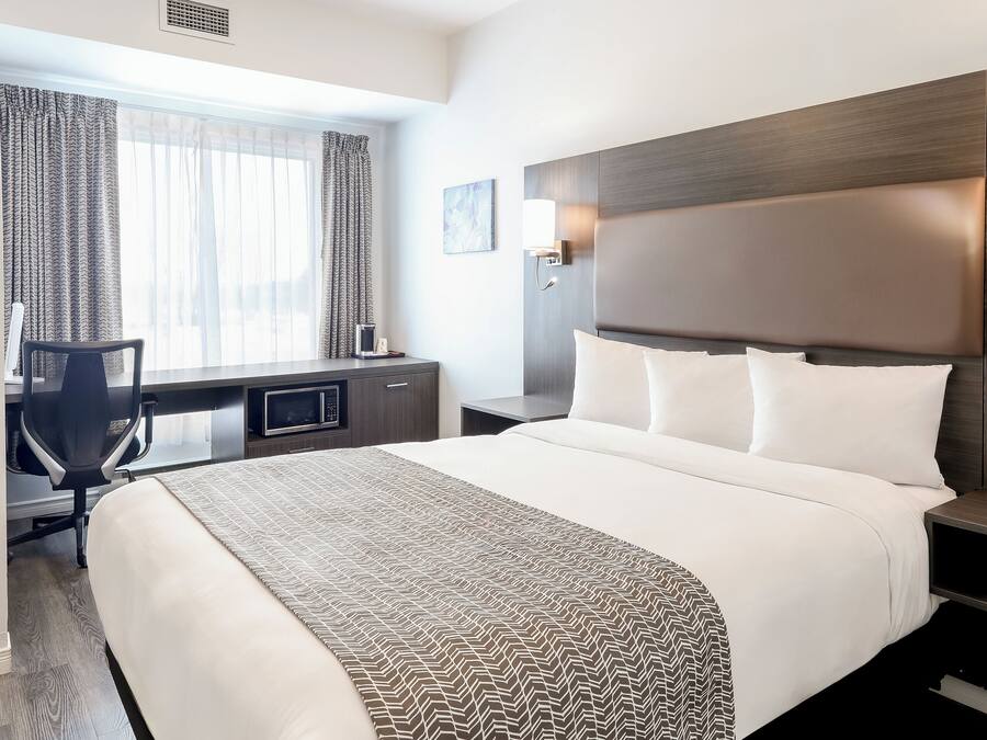 A hotel room with a large bed, a desk, a chair, a microwave, and a nightstand.