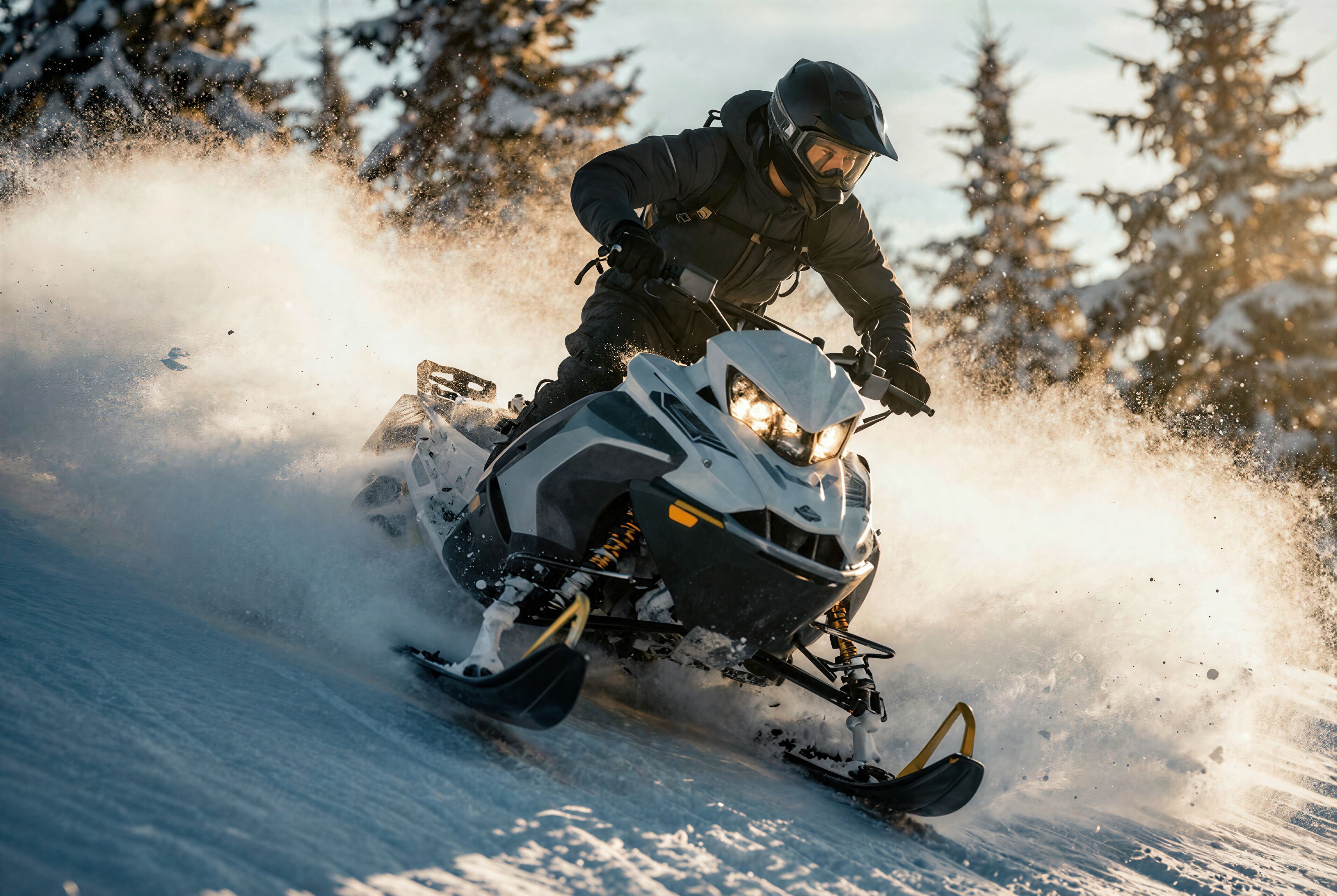 A snowmobile in motion, kicking up snow, with a forested background.