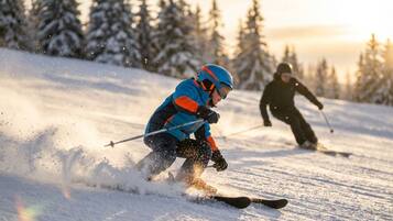 A person skiing on a snowy slope with trees in the background.
