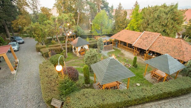 A courtyard with several wooden structures, a paved driveway, and well-maintained greenery. - Hotel Park Sfantu Gheorghe (Sfantu Gheorghe (Transylvania))