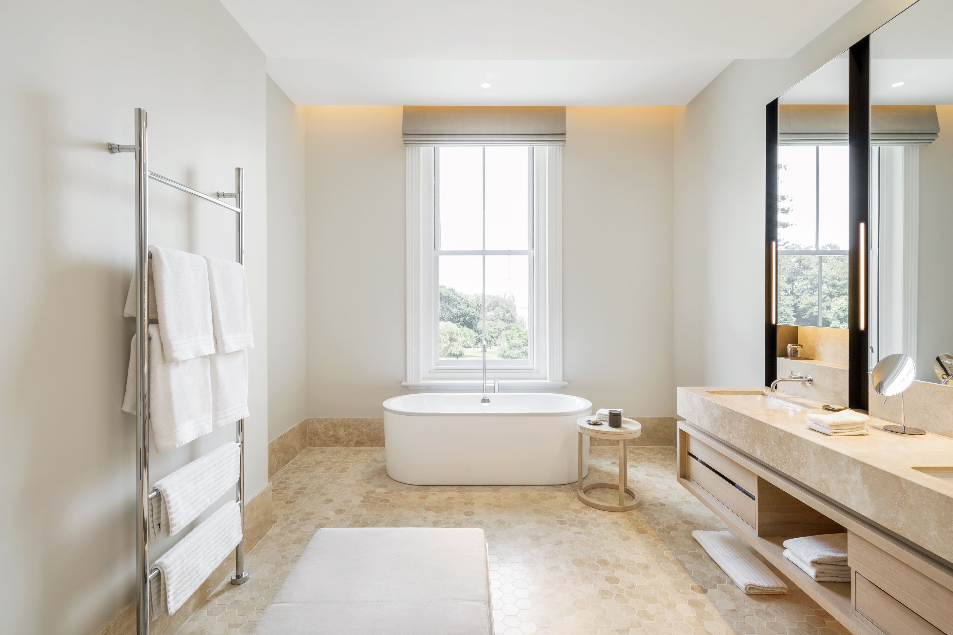 separate bathtub and shower, free toiletries, bathrobes, slippers