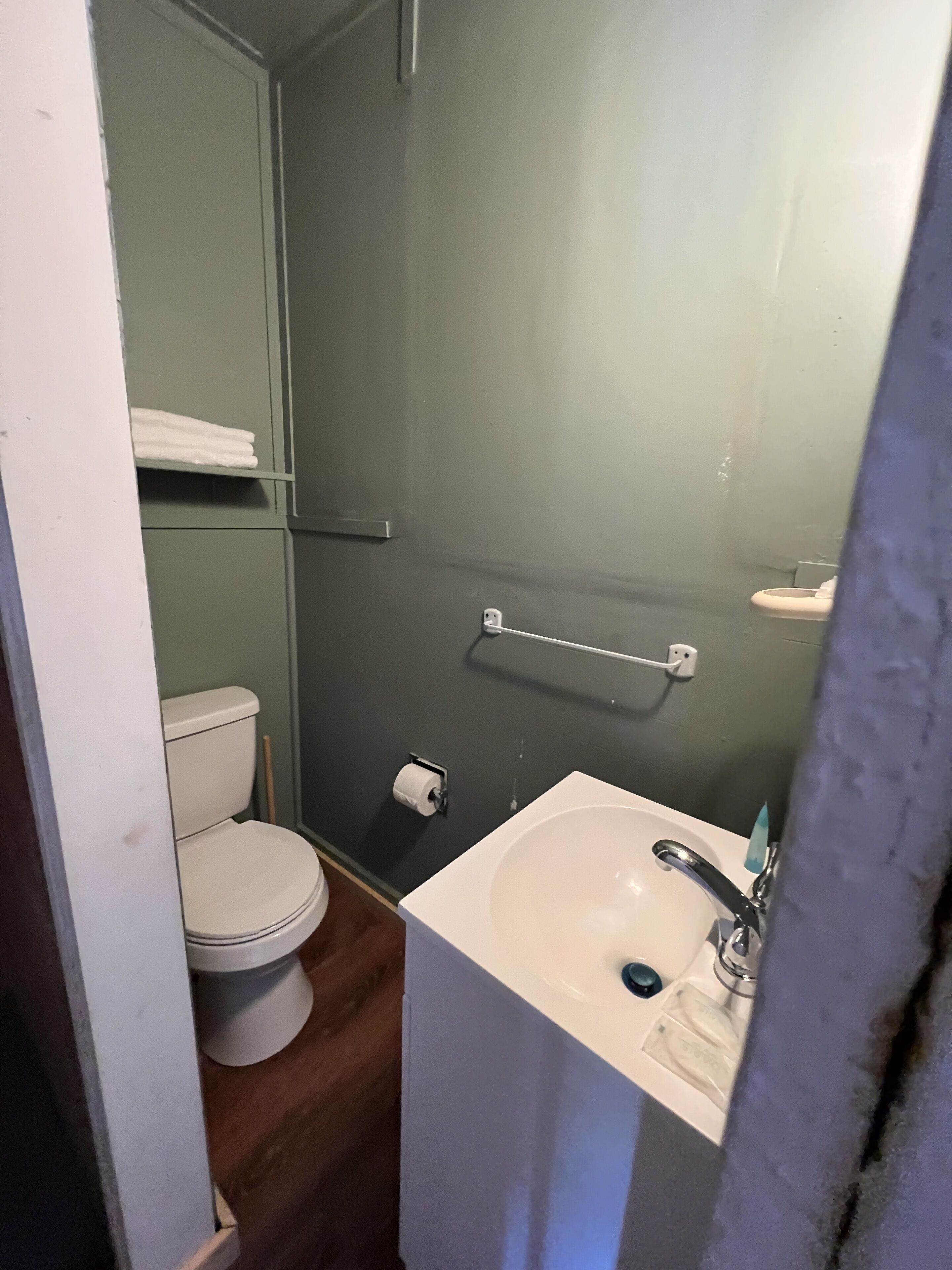 Une petite salle de bain avec des toilettes, un lavabo et une douche.