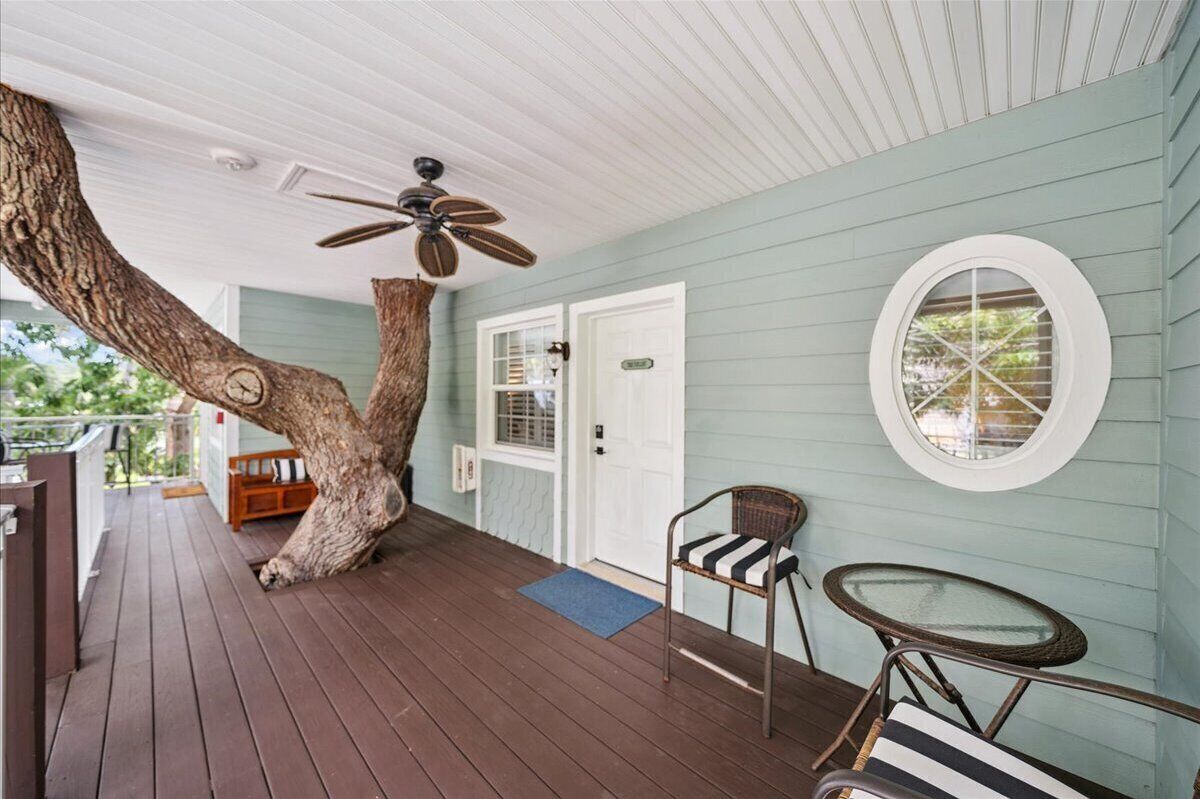 A covered porch with a wooden floor, a ceiling fan, a large tree trunk, a white door, a round window, and a small table with a chair.
