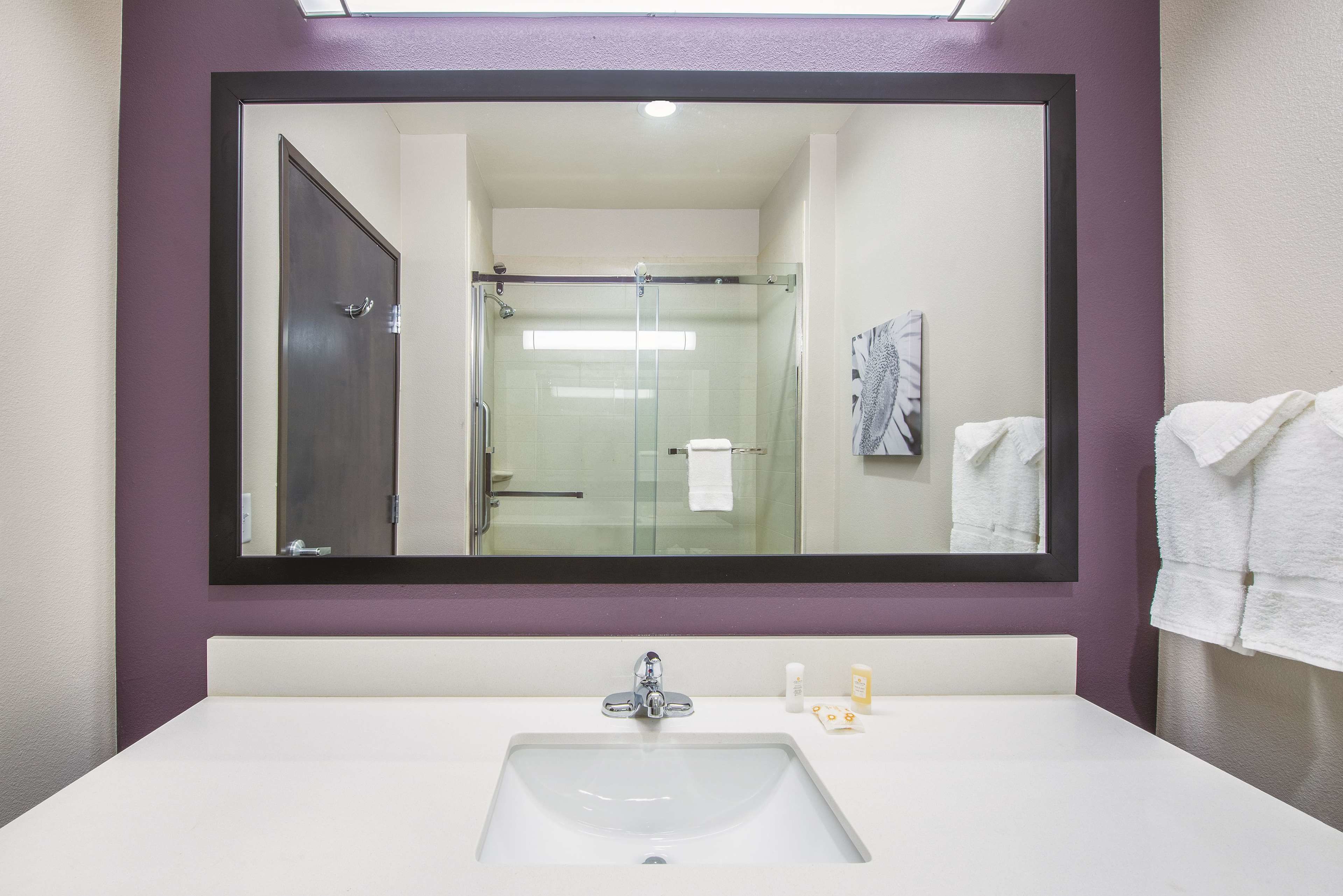 combined shower/bathtub, free toiletries, hair dryer, towels