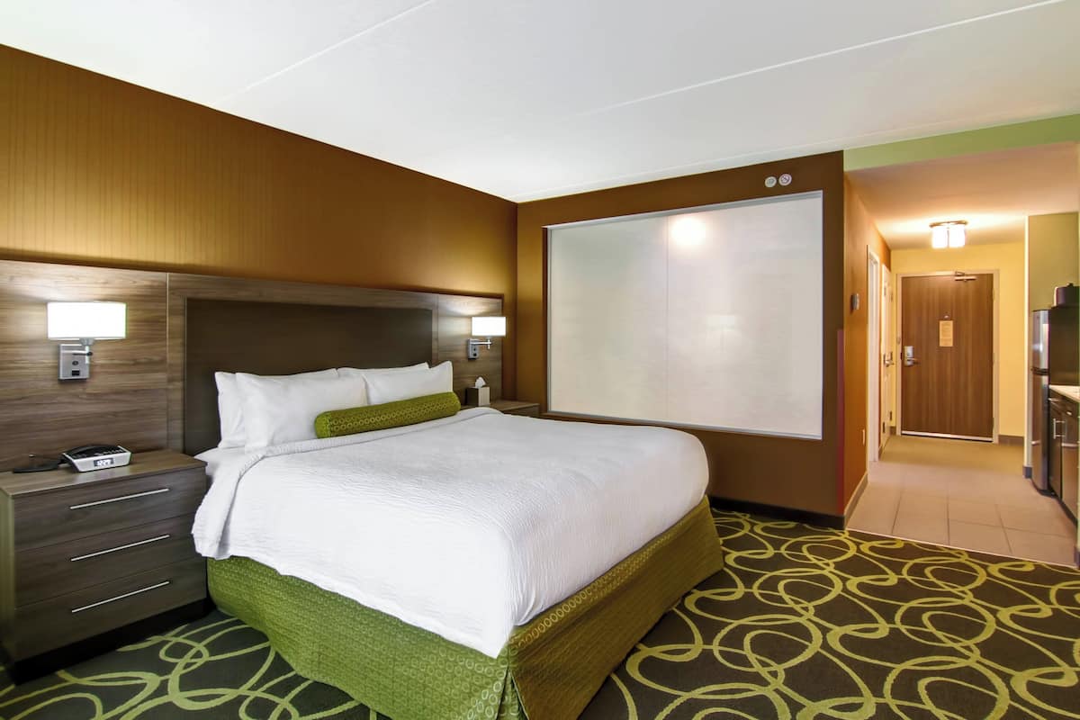 Habitación de hotel con una cama grande, una mesita de noche, un escritorio, un televisor de pantalla plana y la puerta del baño.