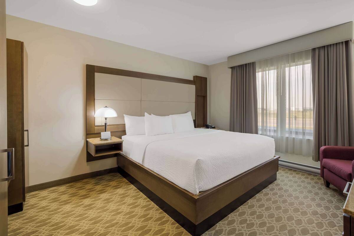 Habitación de hotel con una cama grande, una mesita de noche con lámpara, una silla y vistas al exterior a través de la ventana.