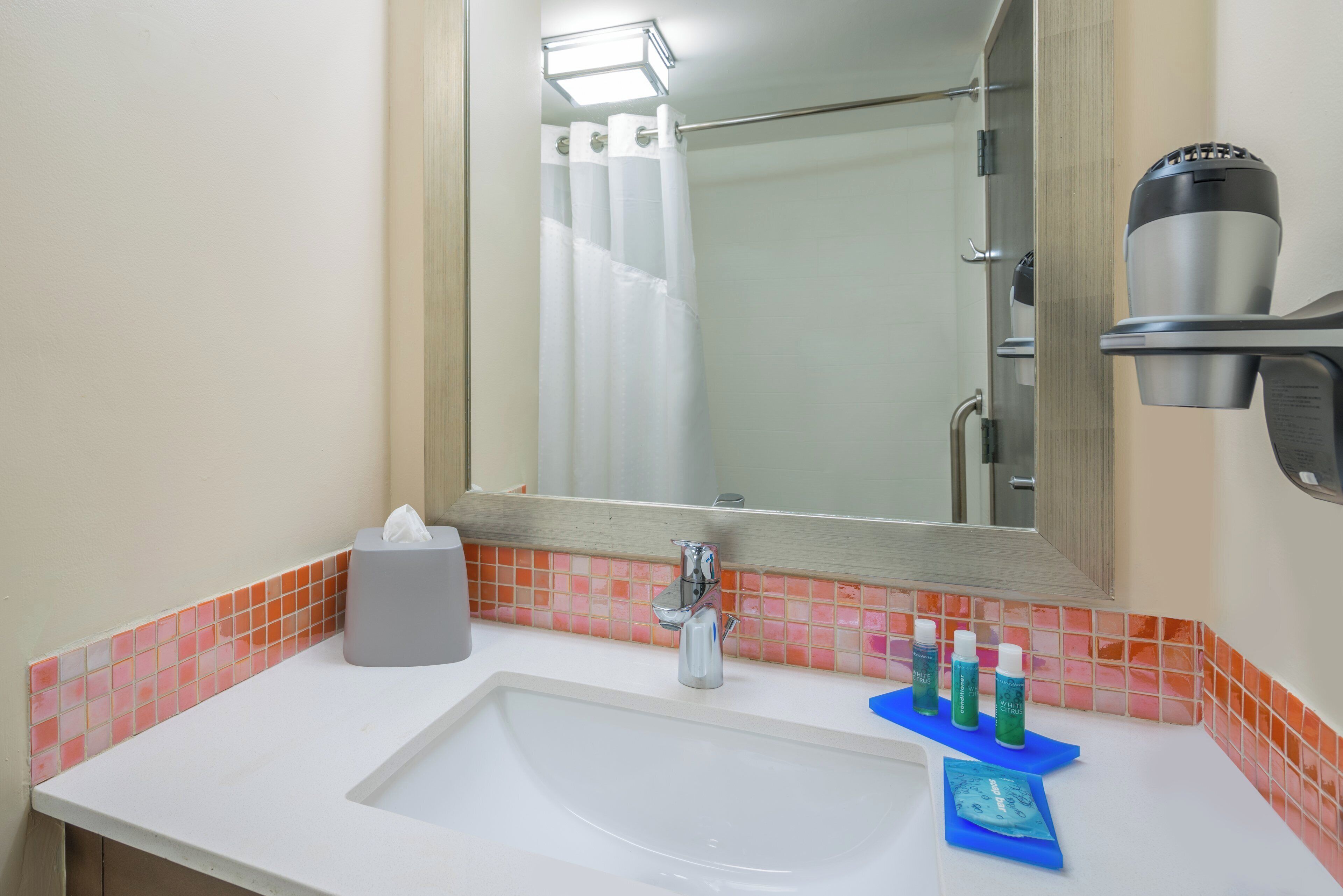 Un bagno con un lavandino bianco, uno specchio, un portascopino e una tenda da doccia.