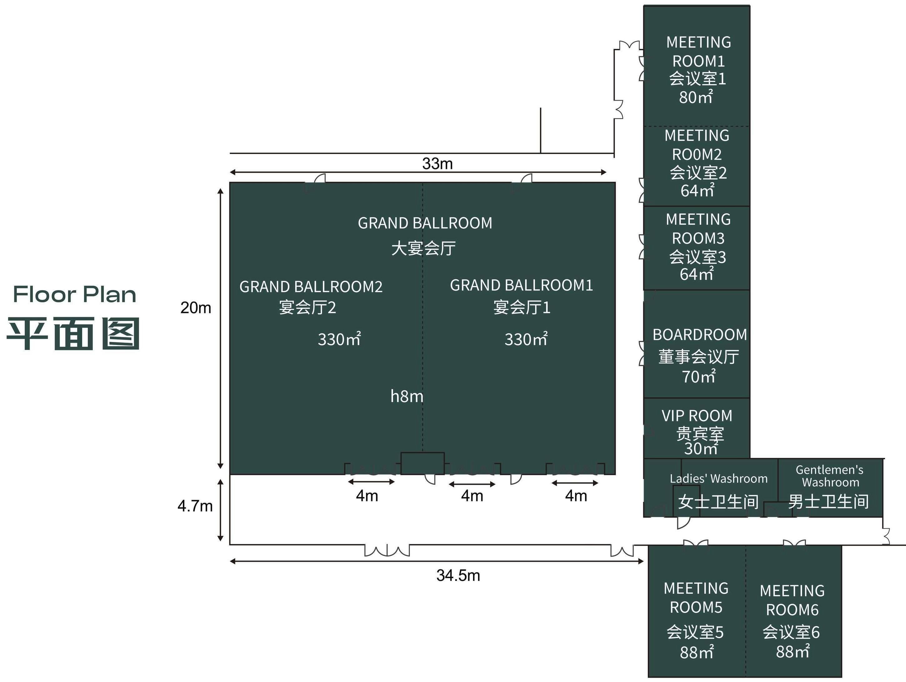 A floor plan of a hotel with two grand ballrooms, three meeting rooms, a boardroom, a VIP room, and two washrooms.