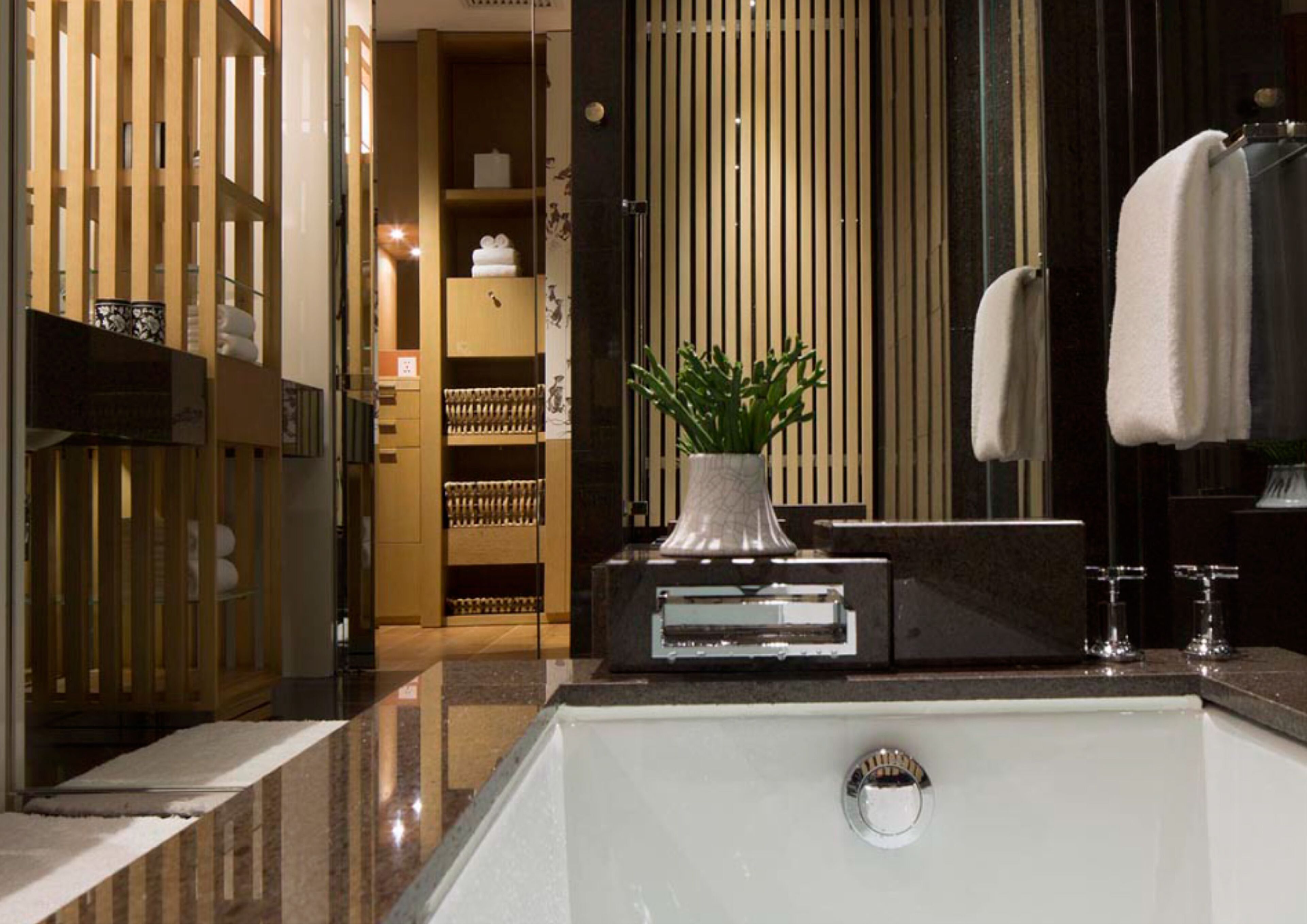 separate bathtub and shower, deep-soaking bathtub, rainfall showerhead