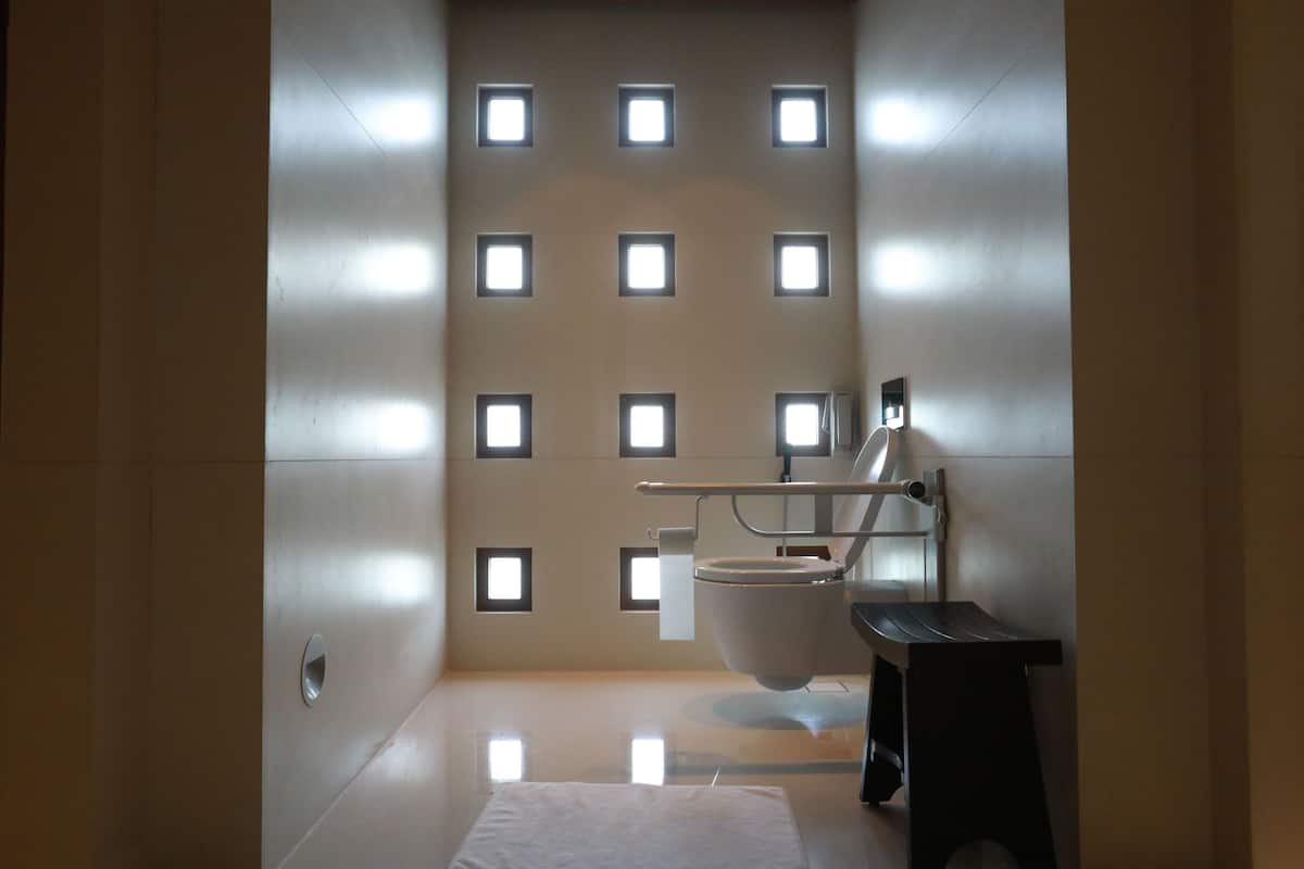 separate bathtub and shower, deep-soaking bathtub, rainfall showerhead