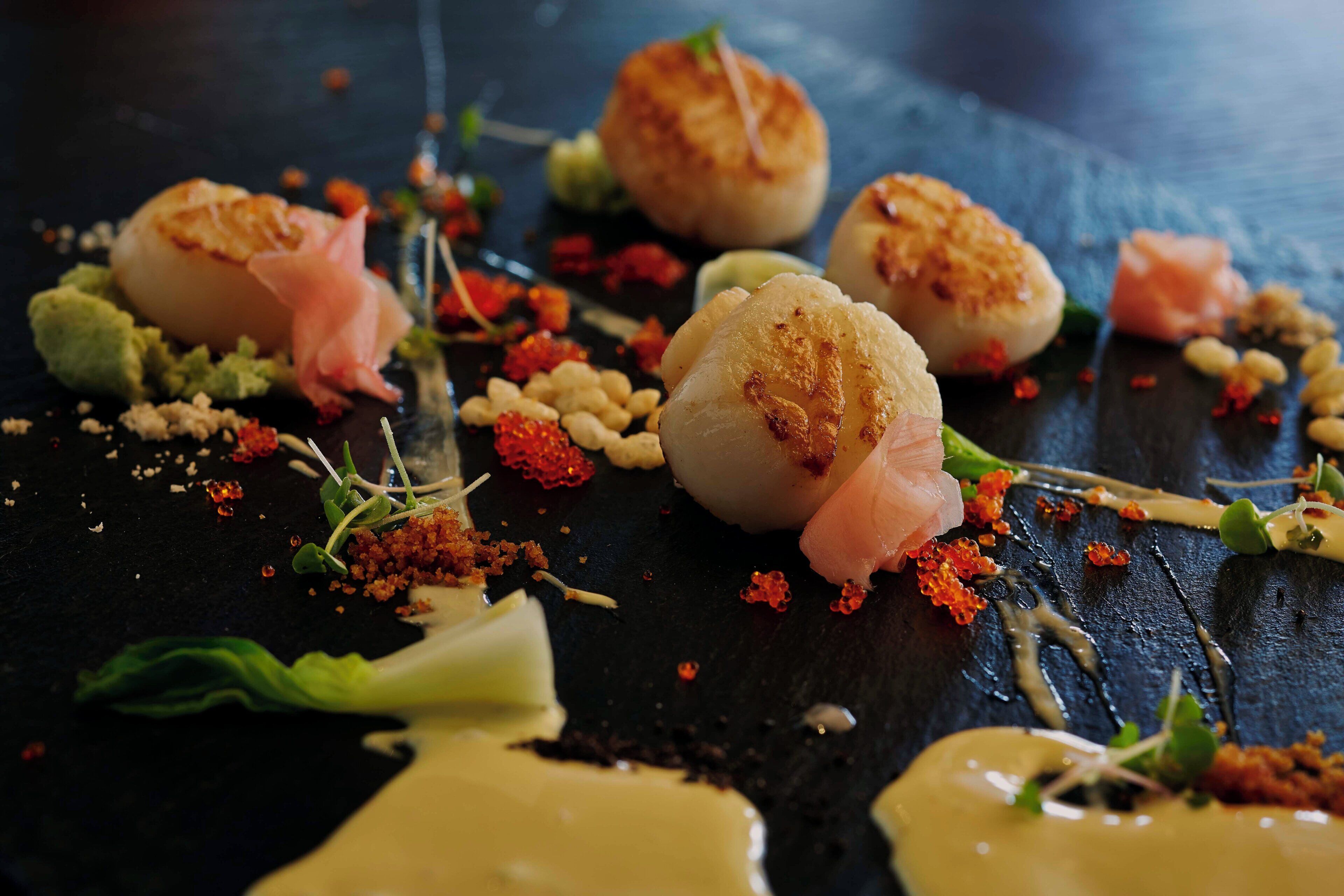 Une surface sombre et texturée, sur laquelle sont disposés des aliments, peut-être un dessert ou une entrée, présentés de manière artistique avec des garnitures et des sauces.