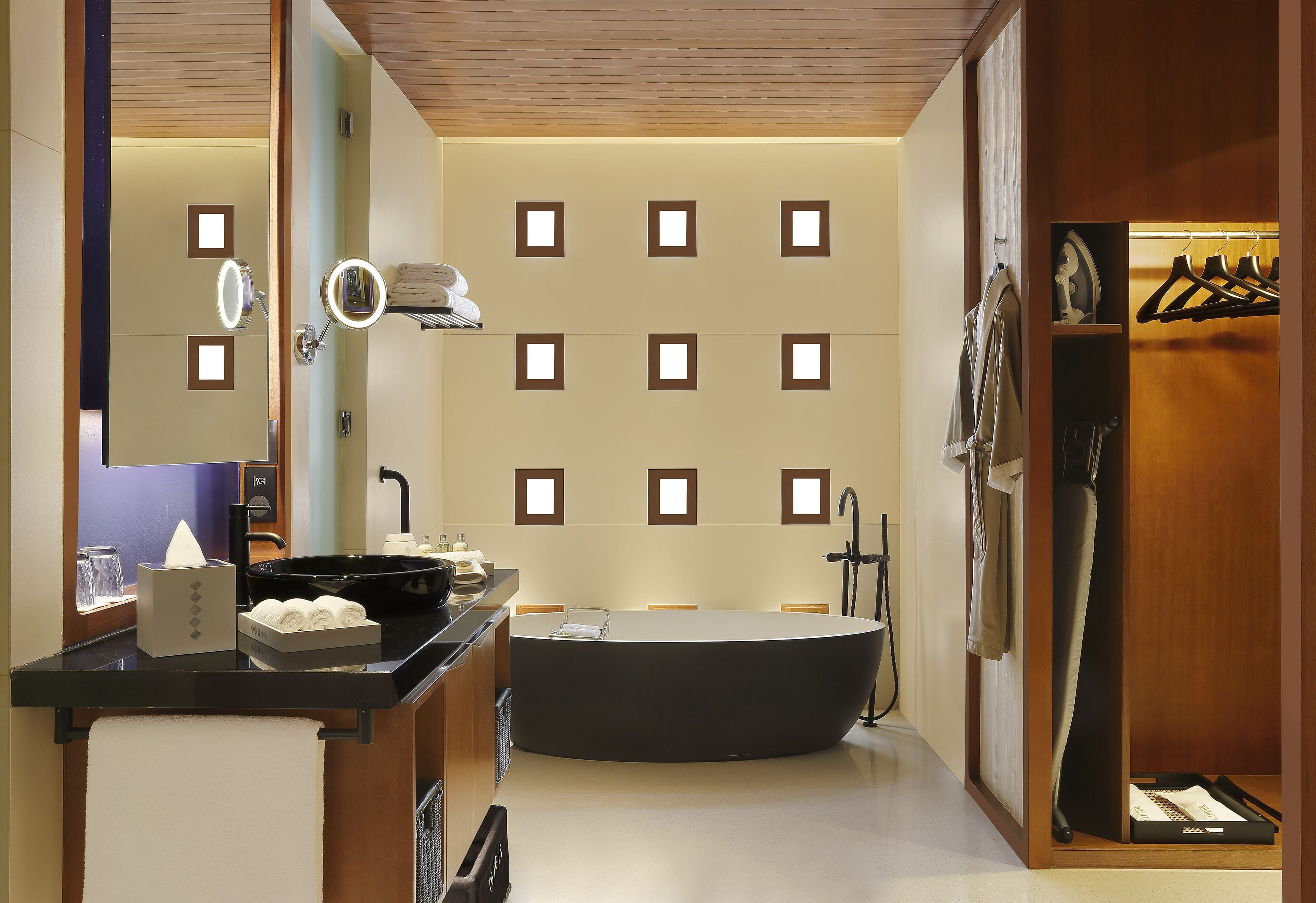 separate bathtub and shower, deep-soaking bathtub, rainfall showerhead