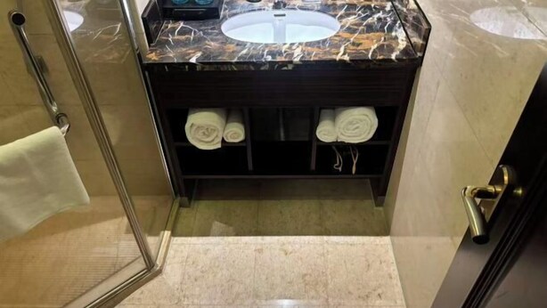 A bathroom with a marble sink, a glass shower enclosure, and a towel rack.