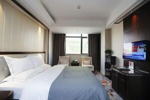 Et hotelværelse med en seng, to stole, et fjernsyn og et lille bord med en plante.