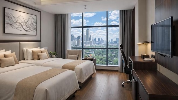 A hotel room with two beds, a TV, a desk, and a large window with a city view. - Shangrao Hongshi Dynasty International Hotel (Xincheng Wuyue Plaza) (Shangrao)