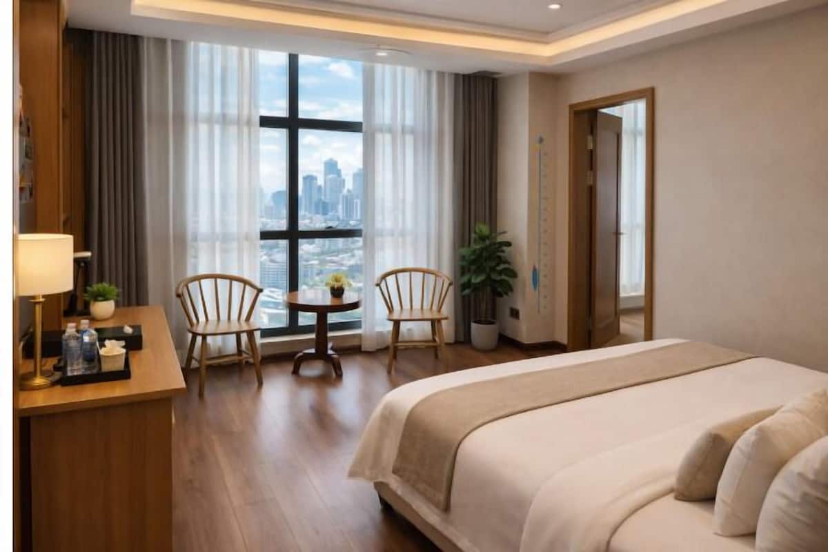 Ein Hotelzimmer mit einem grossen Bett, einem Schreibtisch mit Lampe, zwei Stühlen, einem kleinen Tisch mit Pflanze und Blick auf eine Stadtlandschaft durch grosse Fenster.