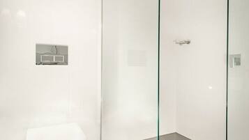 A modern bathroom with a glass-enclosed shower, a white toilet, and a tiled floor.