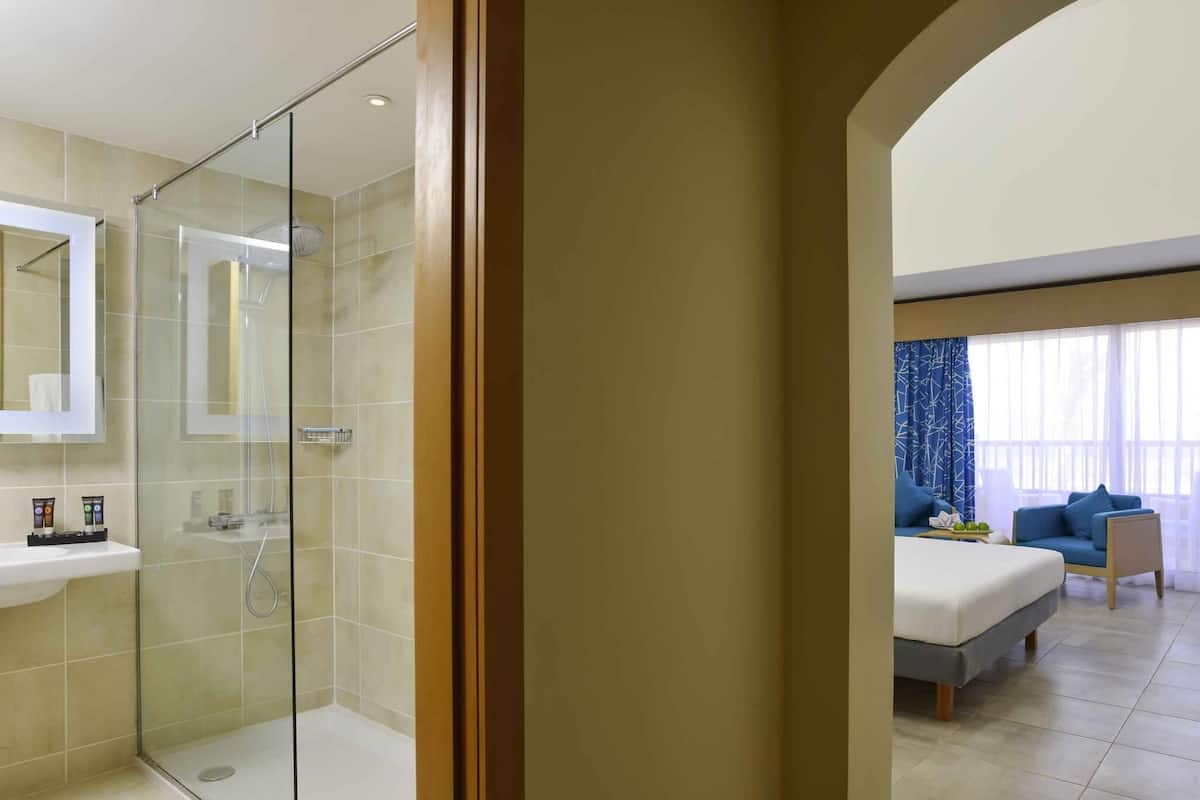 A modern hotel room with a glass-enclosed shower, a large bed, a sitting area with a sofa and armchair, and a large window with sheer curtains.