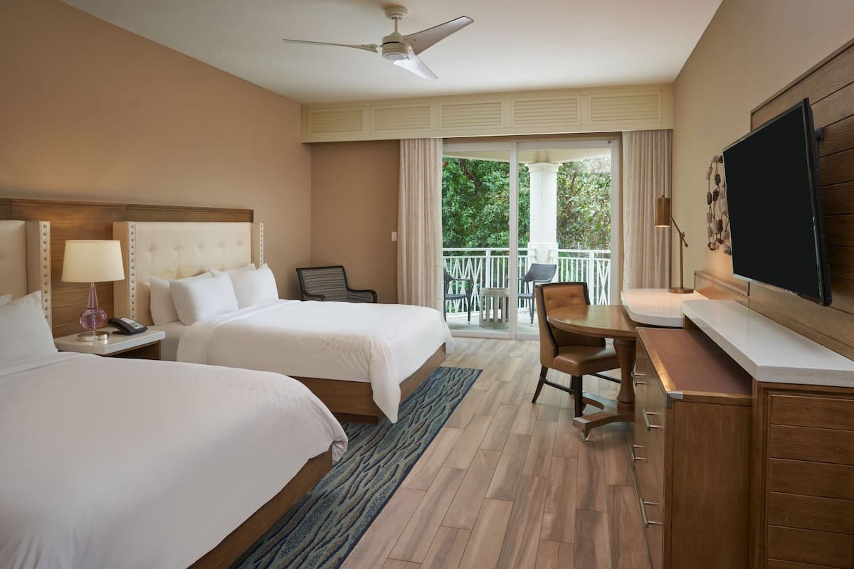 A hotel room with two beds, a desk, a chair, a TV, and a balcony with a view of trees.