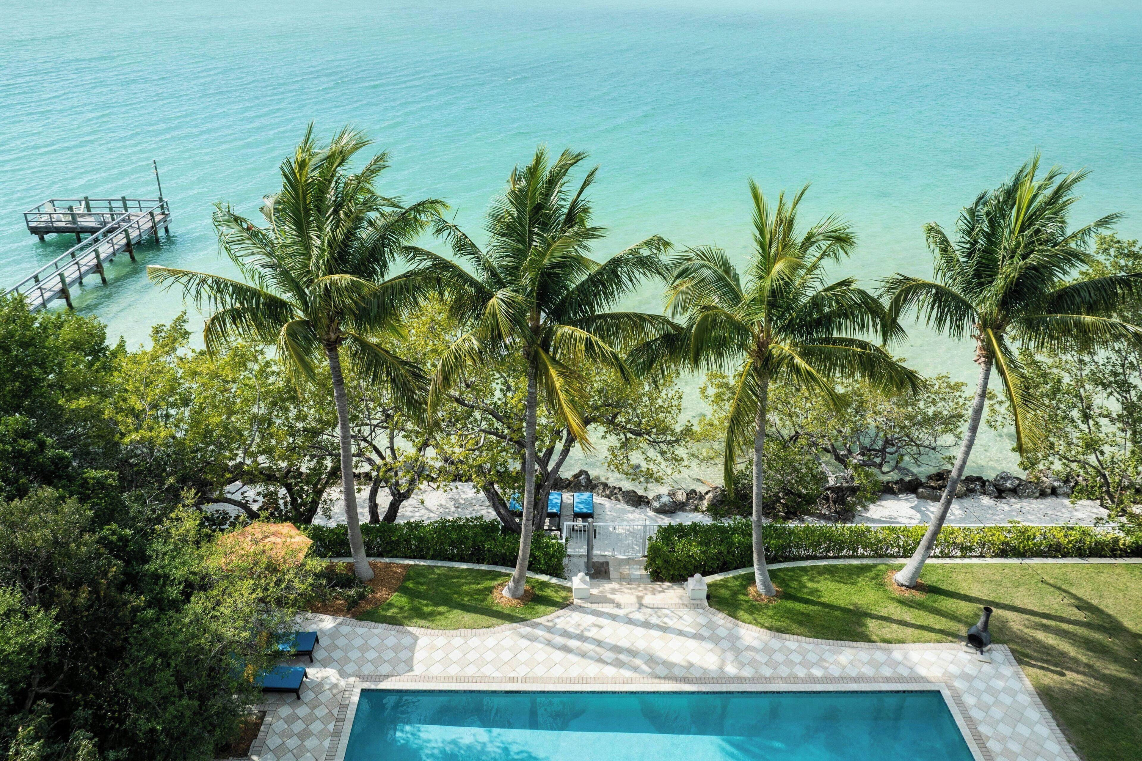 A pool area with a view of the ocean, palm trees, and a dock.
