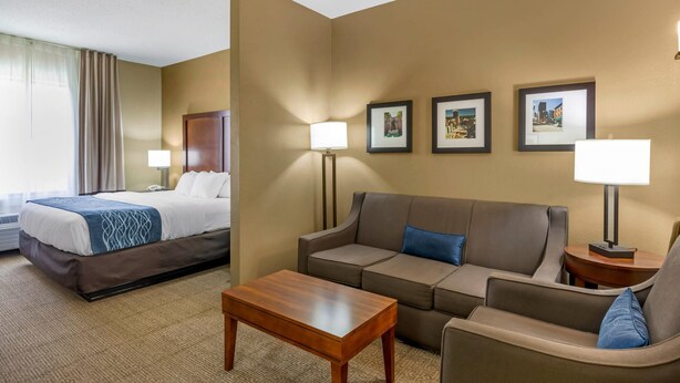 Habitación de hotel con cama, sofá, mesa de centro y escritorio con lámpara. En la pared hay cuadros enmarcados.