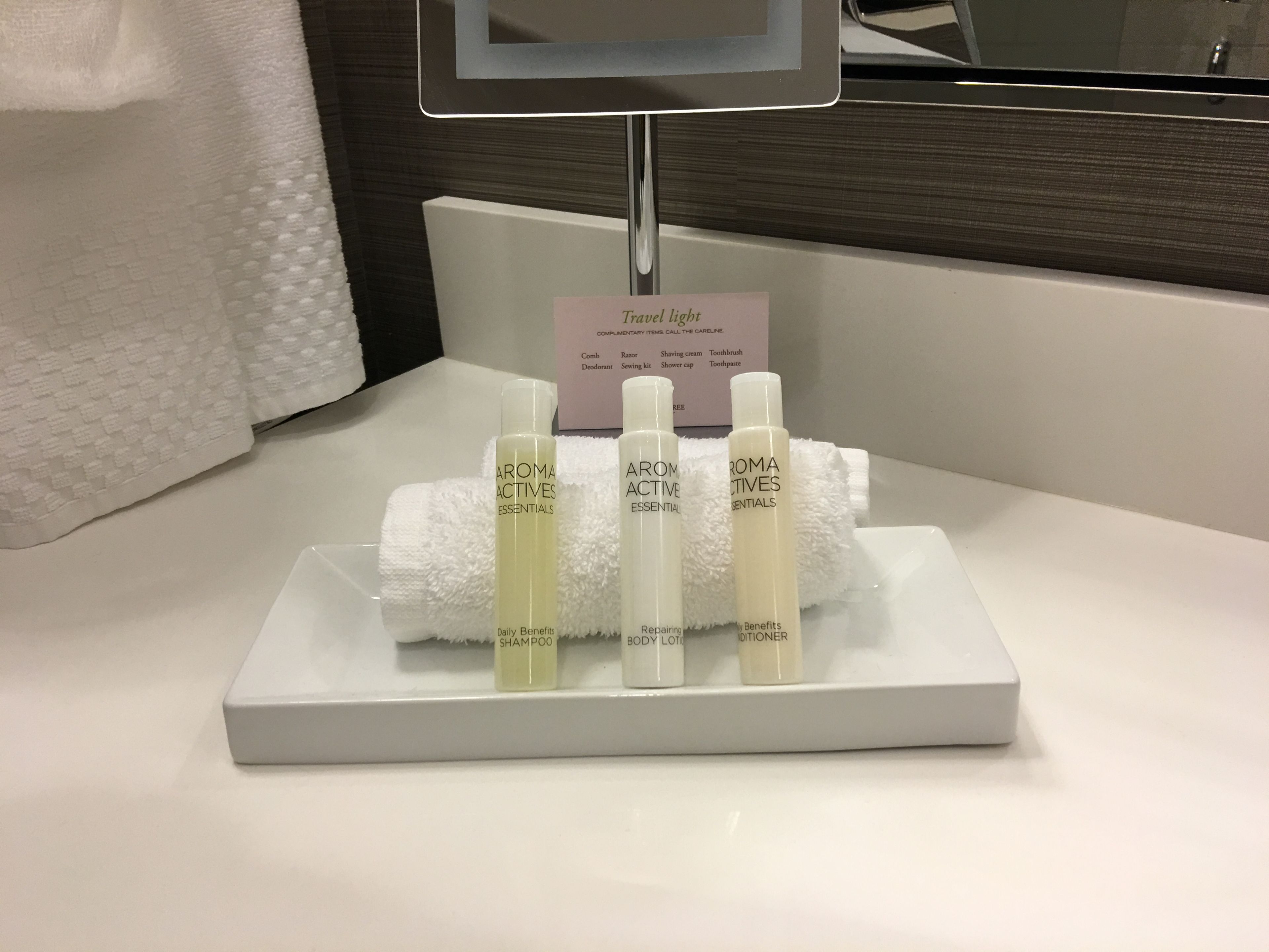 free toiletries, hair dryer, towels