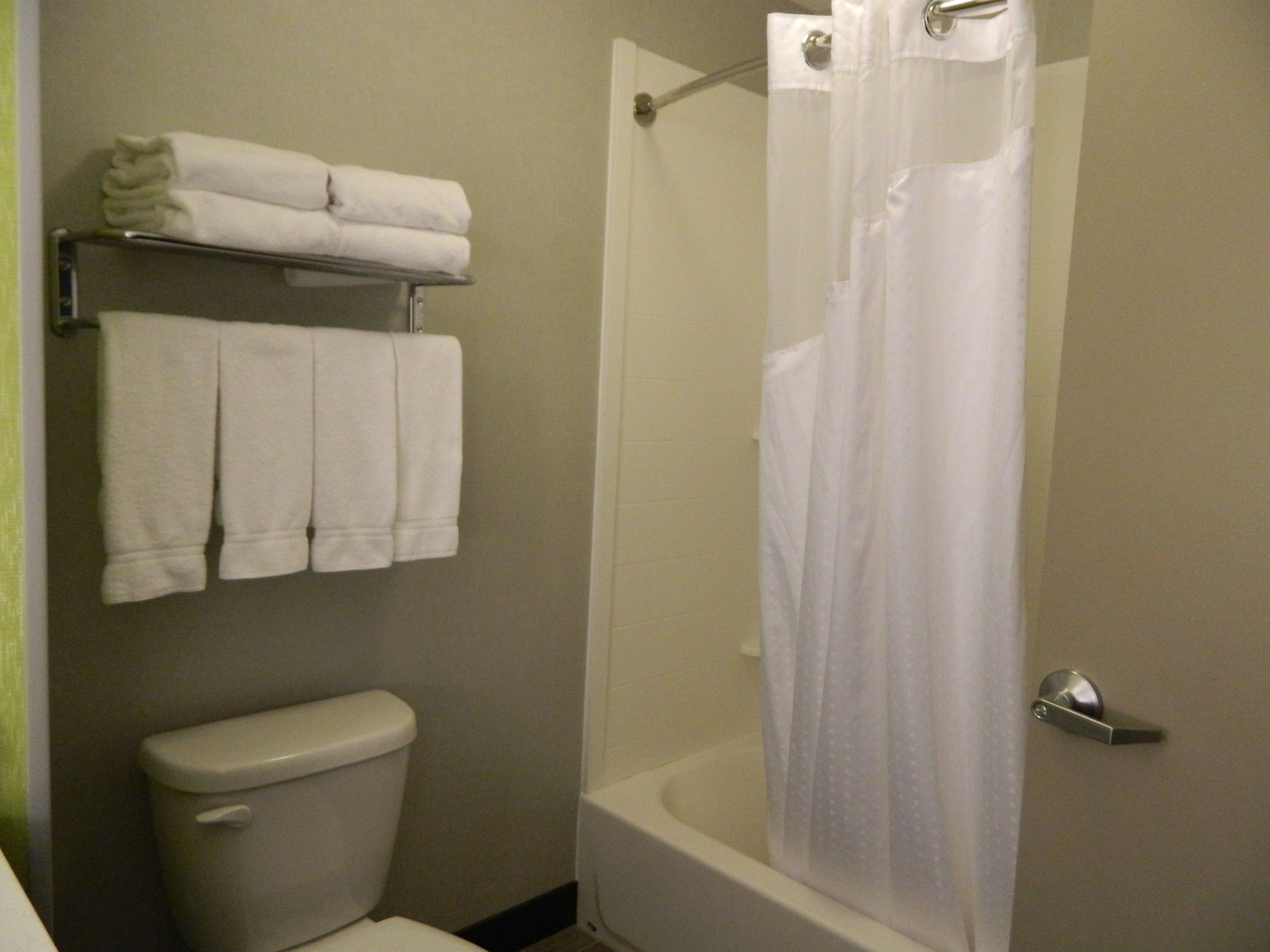 Un baño con inodoro, bañera y cortina de ducha. Toallas cuelgan de un perchero sobre el inodoro.