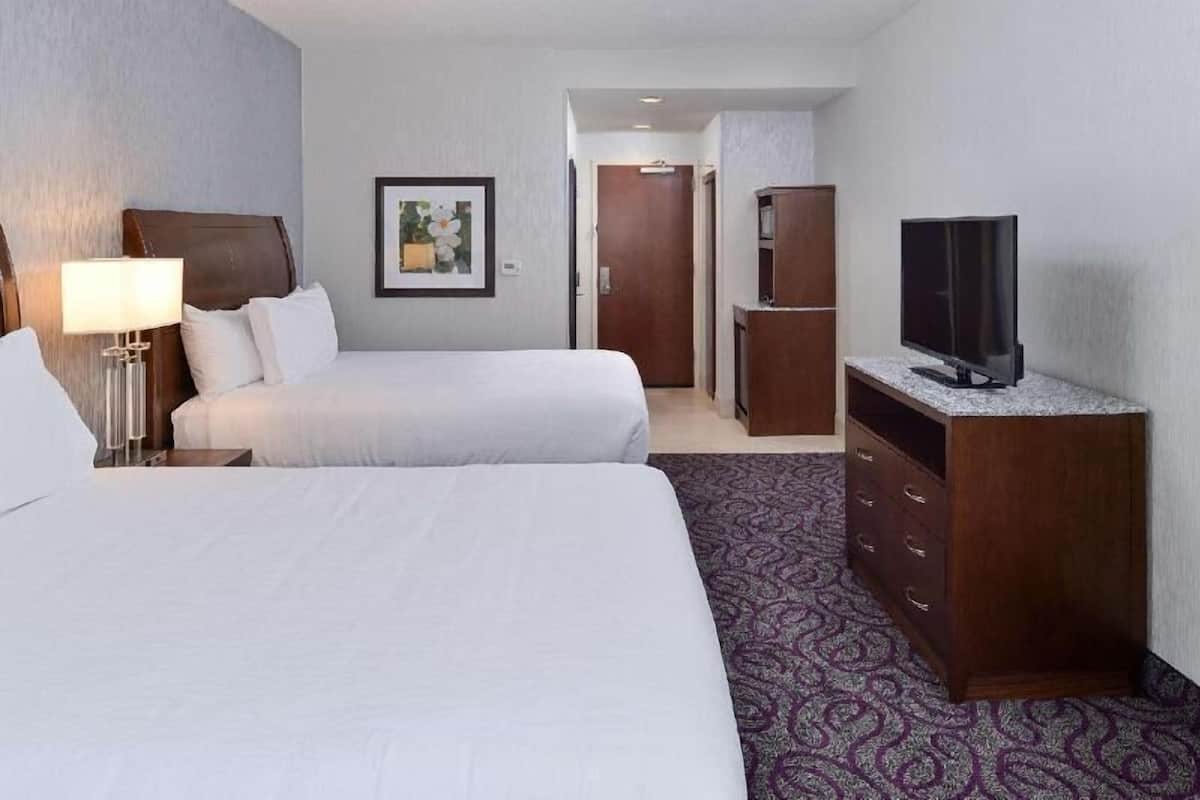 A hotel room with two beds, a television, a dresser, and a framed picture on the wall.