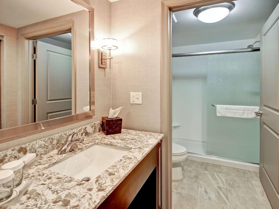 Un baño con lavamanos de mármol, un espejo grande, un perchero y una ducha con mampara de cristal.