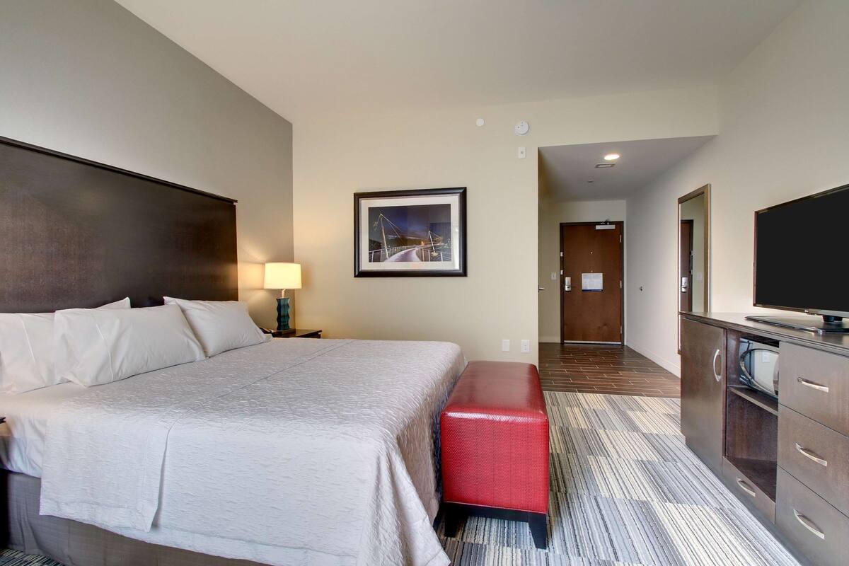 Habitación de hotel con una cama grande, un banco rojo, un televisor y un cuadro en la pared.