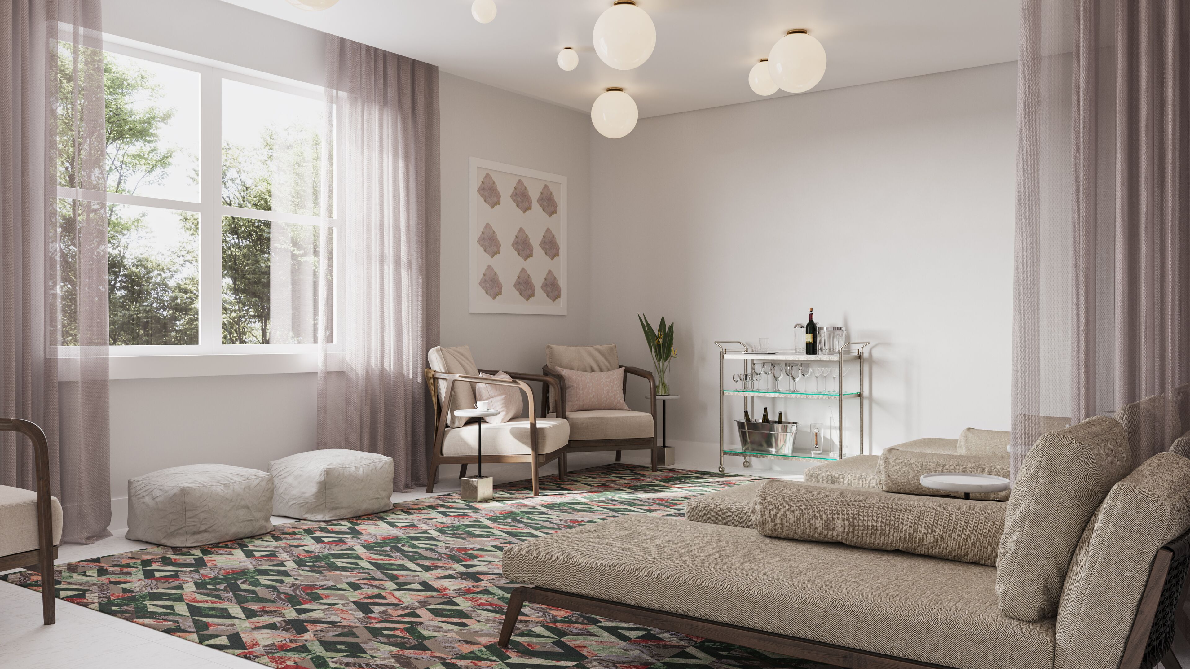 A living room with a sofa, chairs, a coffee table, a patterned rug, a window with curtains, and a wall-mounted light fixture.