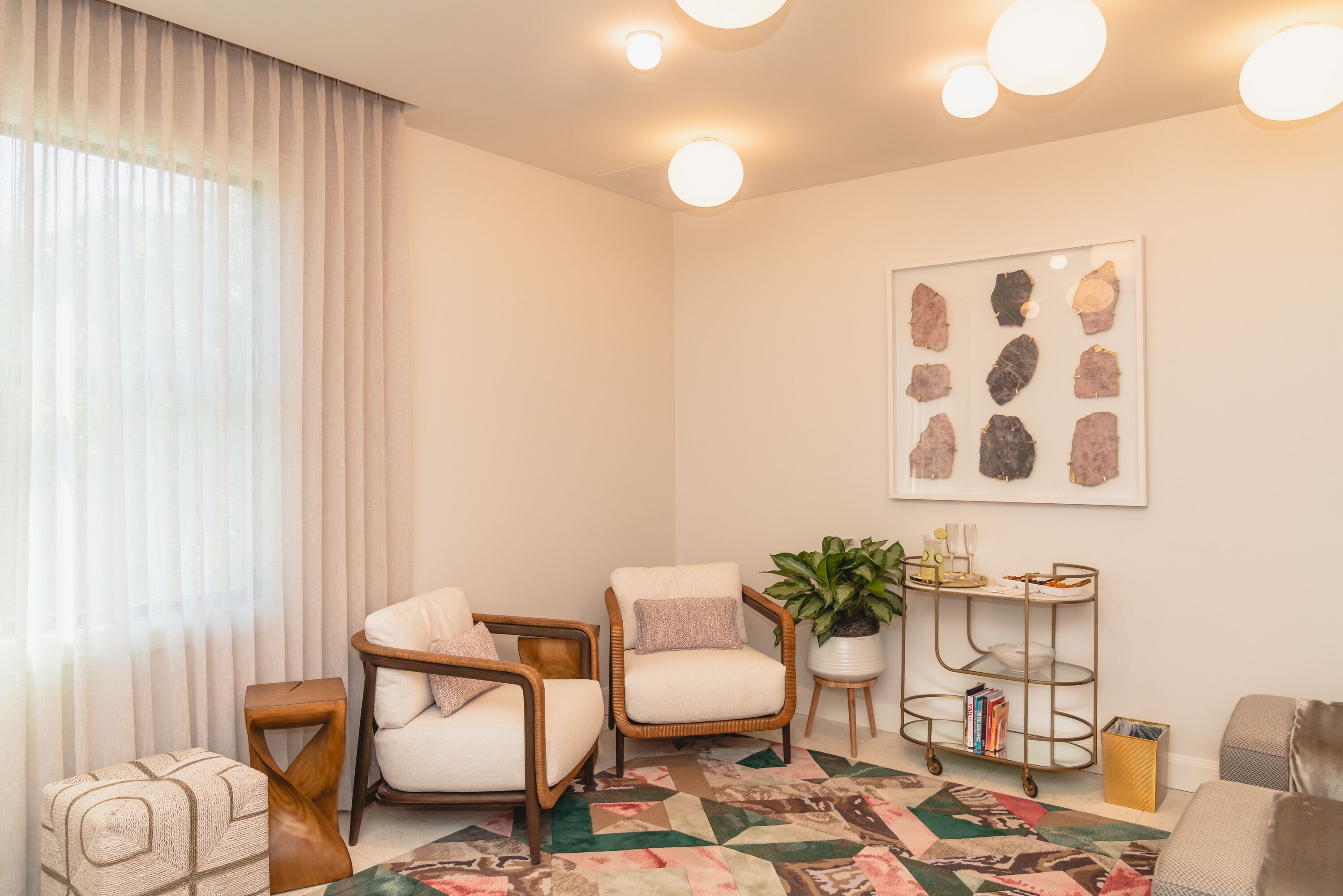 A living room with two armchairs, a coffee table, a patterned rug, a wall-mounted plant, and a framed artwork.