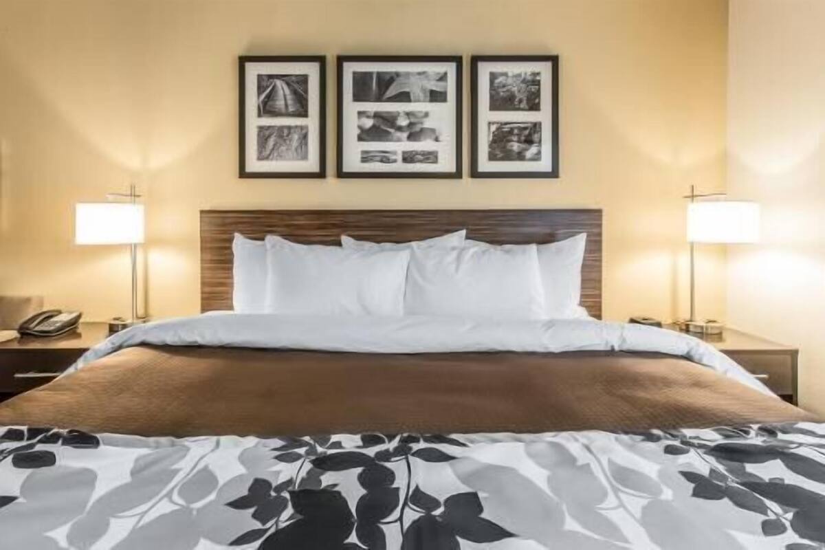 Une chambre d’hôtel avec un lit, deux lampes de chevet, un téléphone et trois tableaux encadrés au mur.