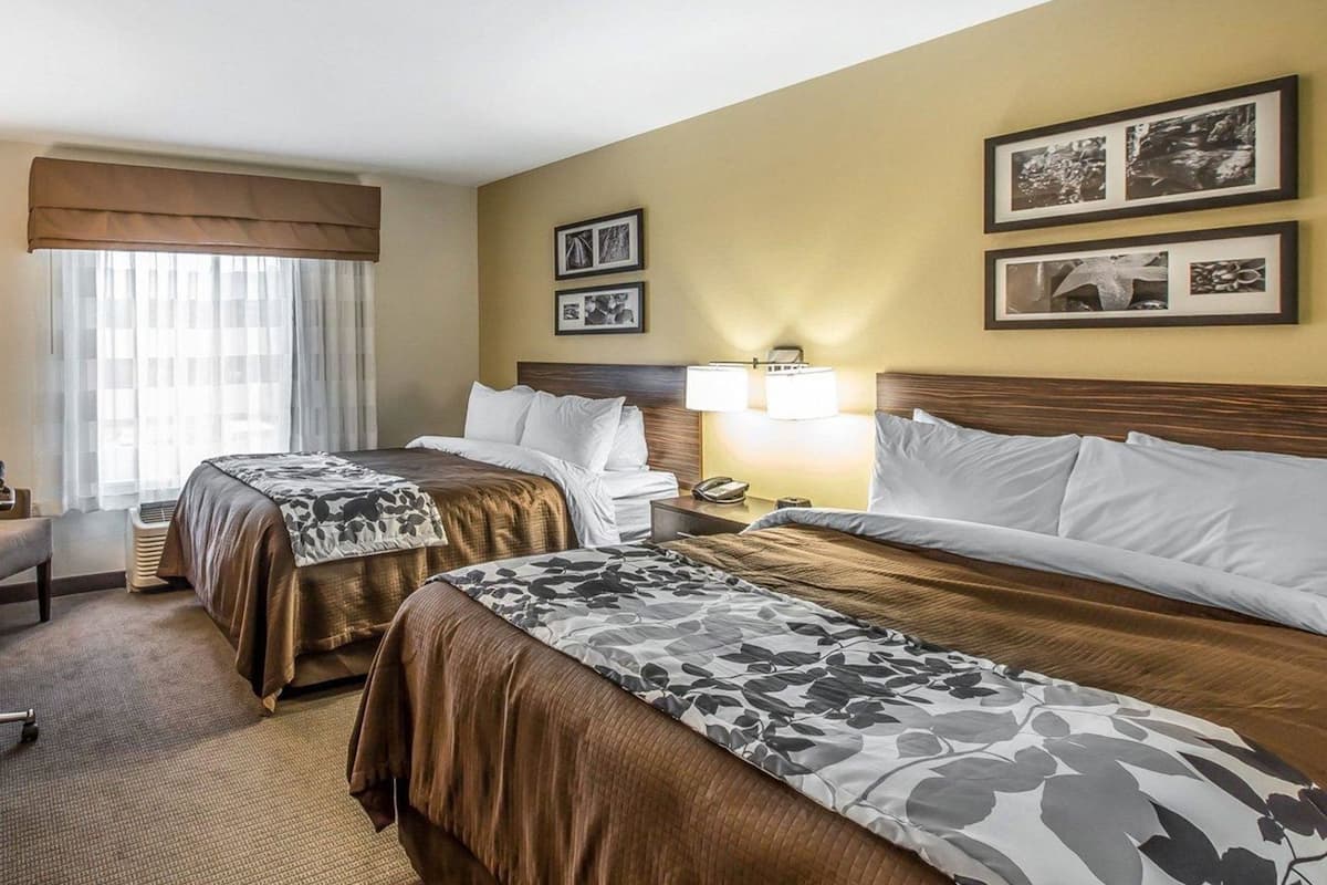 Une chambre d’hôtel avec deux lits, un bureau, une chaise, une fenêtre avec des rideaux et des tableaux accrochés au mur.