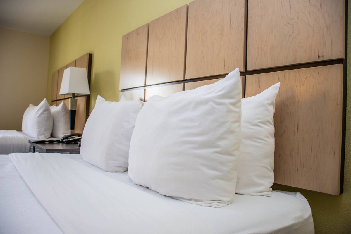 A hotel room with a large bed, multiple pillows, a bedside table with a lamp, and a wooden headboard.