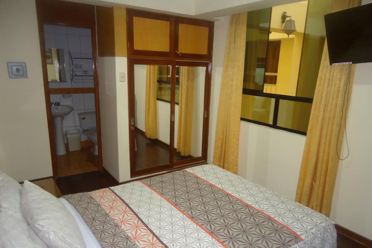 A bedroom with a bed, a wardrobe, a mirror, and a television.