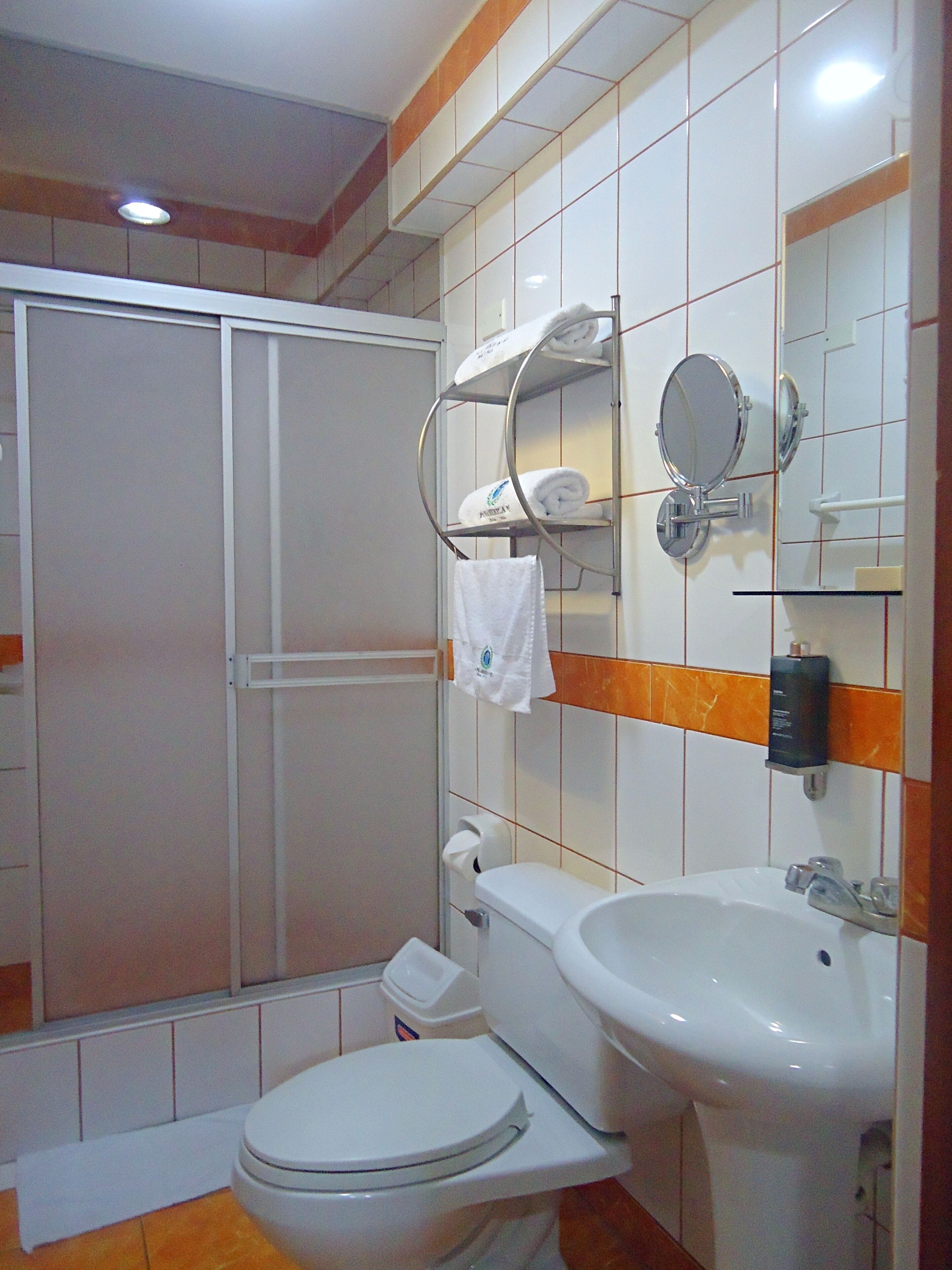 Un baño con inodoro, lavabo y ducha.