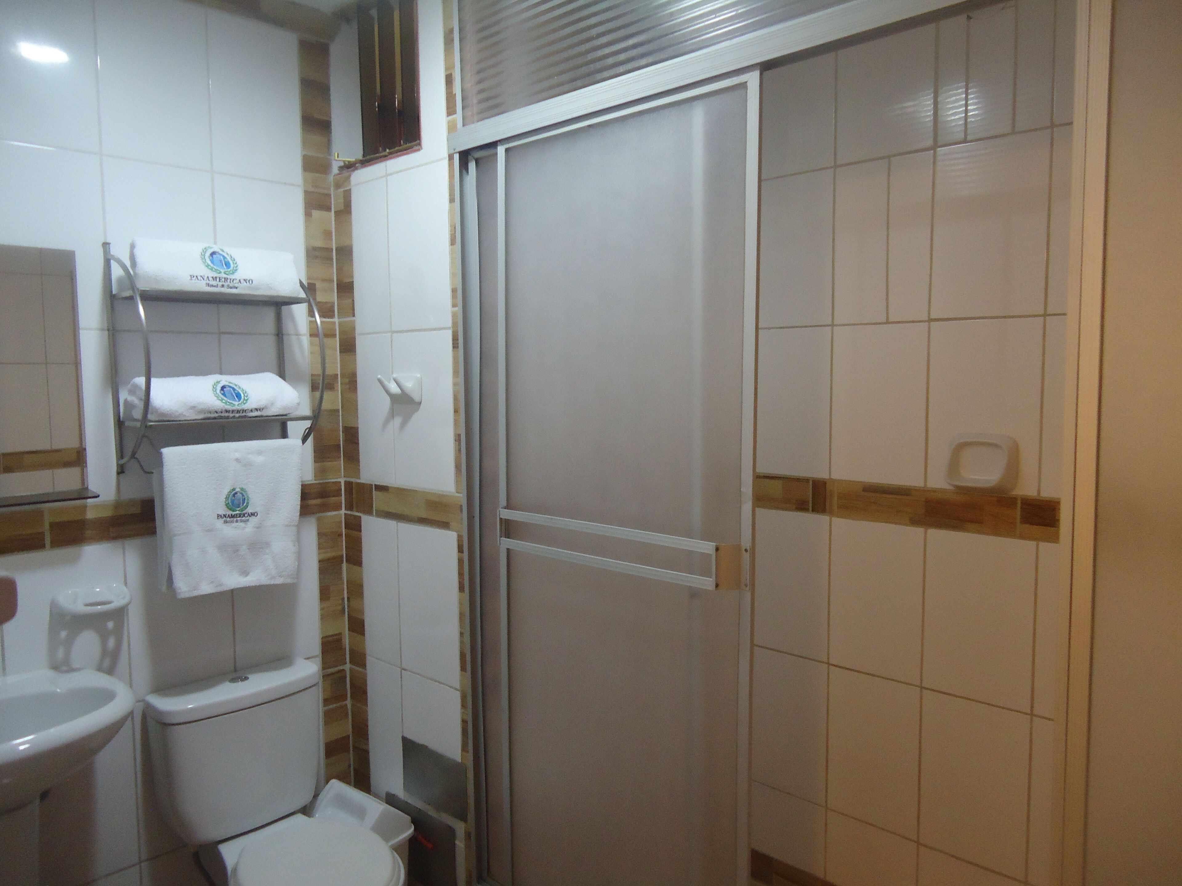 A bathroom with a toilet, sink, and shower area.