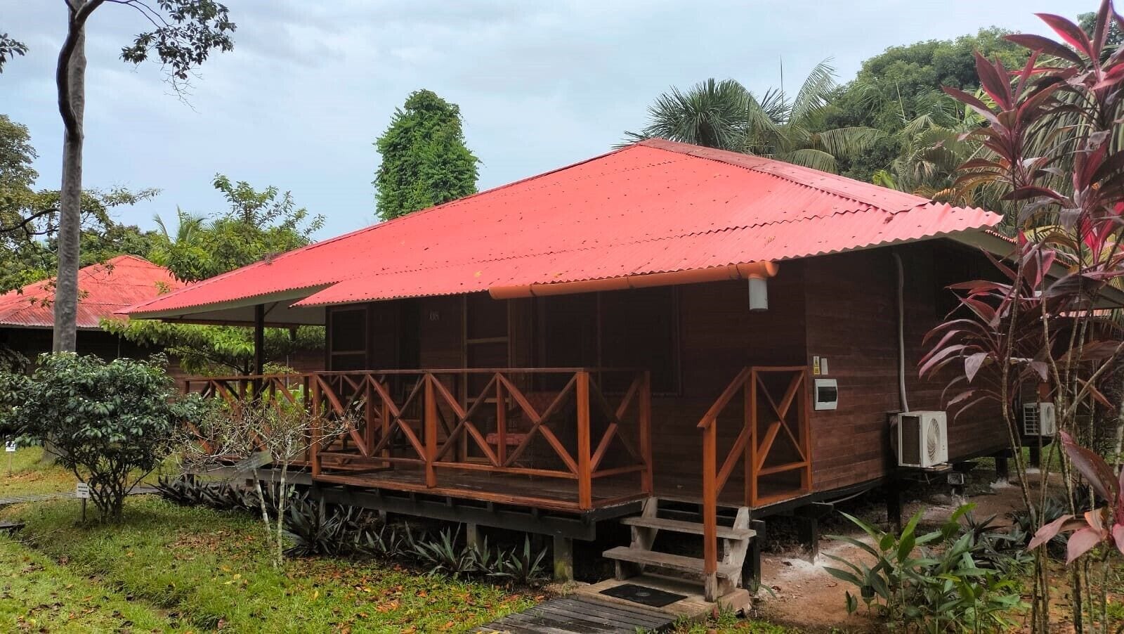Una cabaña de madera con techo rojo, un muelle de madera y un pequeño espacio al aire libre con plantas.
