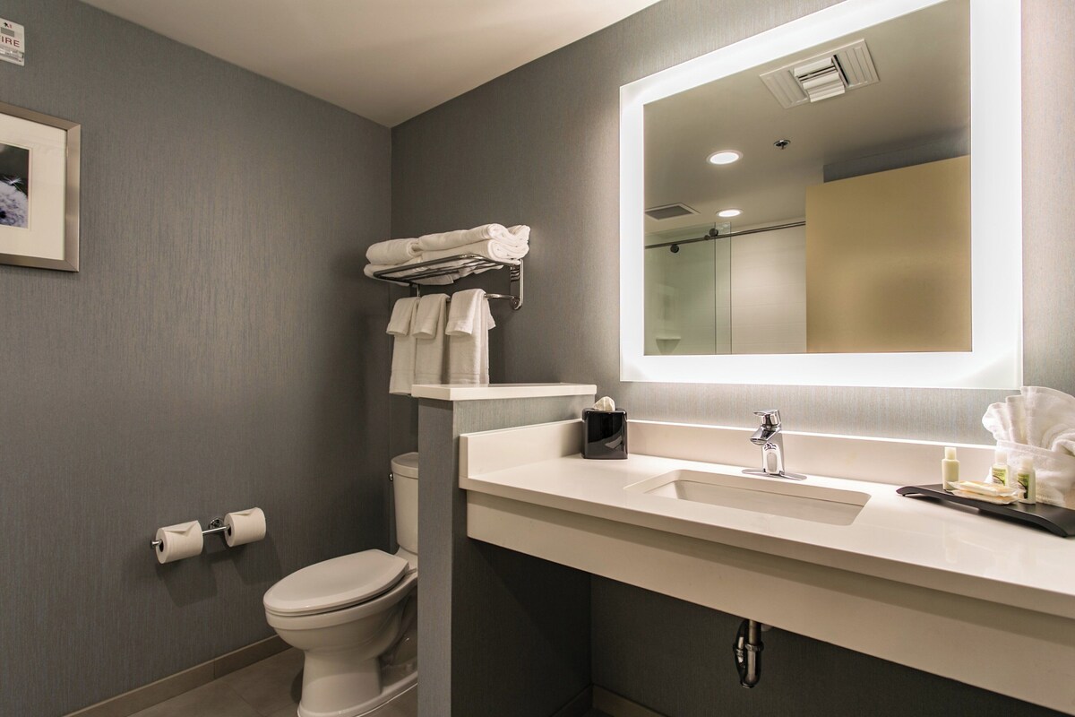 A modern bathroom with a toilet, a sink, a mirror, and a towel rack.