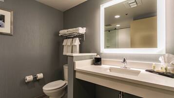 A modern bathroom with a toilet, a sink, a mirror, and a towel rack.