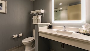 A modern bathroom with a toilet, a sink with a mirror, and a towel rack. - Holiday Inn & Suites Chattanooga Downtown by IHG (Chattanooga)