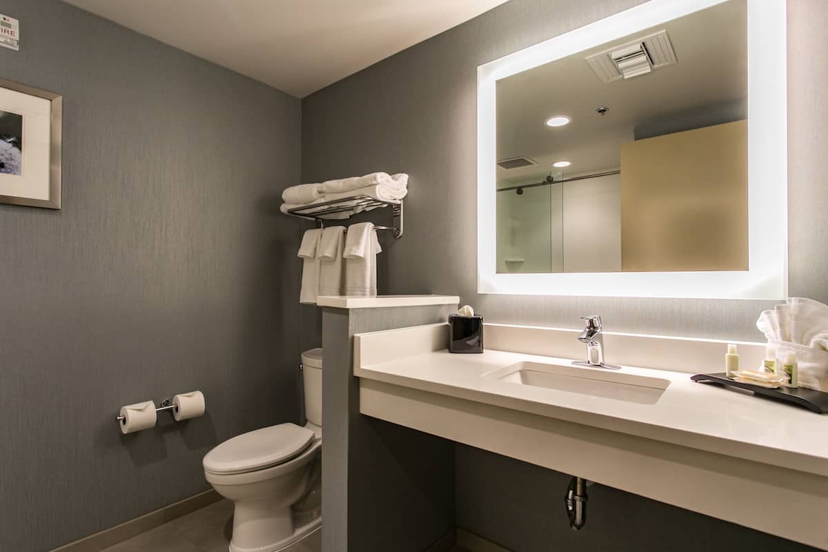 A modern bathroom with a toilet, a sink with a mirror, and a towel rack.