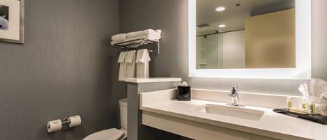 Une salle de bain moderne équipée d’un WC, d’un lavabo avec un miroir et d’un porte-serviettes.