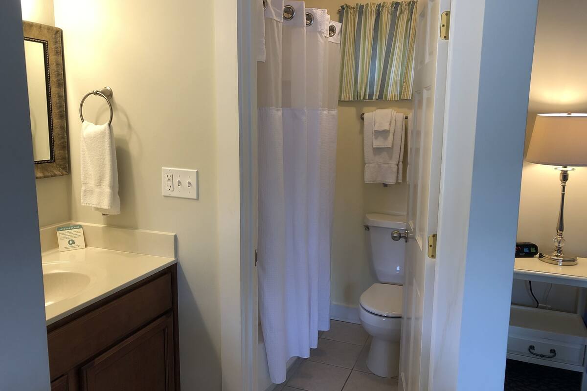deluxe room, 1 queen bed, refrigerator, garden view | bathroom | combined shower/bathtub, free toiletries, hair dryer, towels